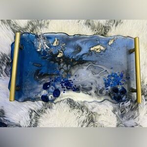 Decorative Handmade Blue Resin Tray With crystal swan, handles and Coasters.